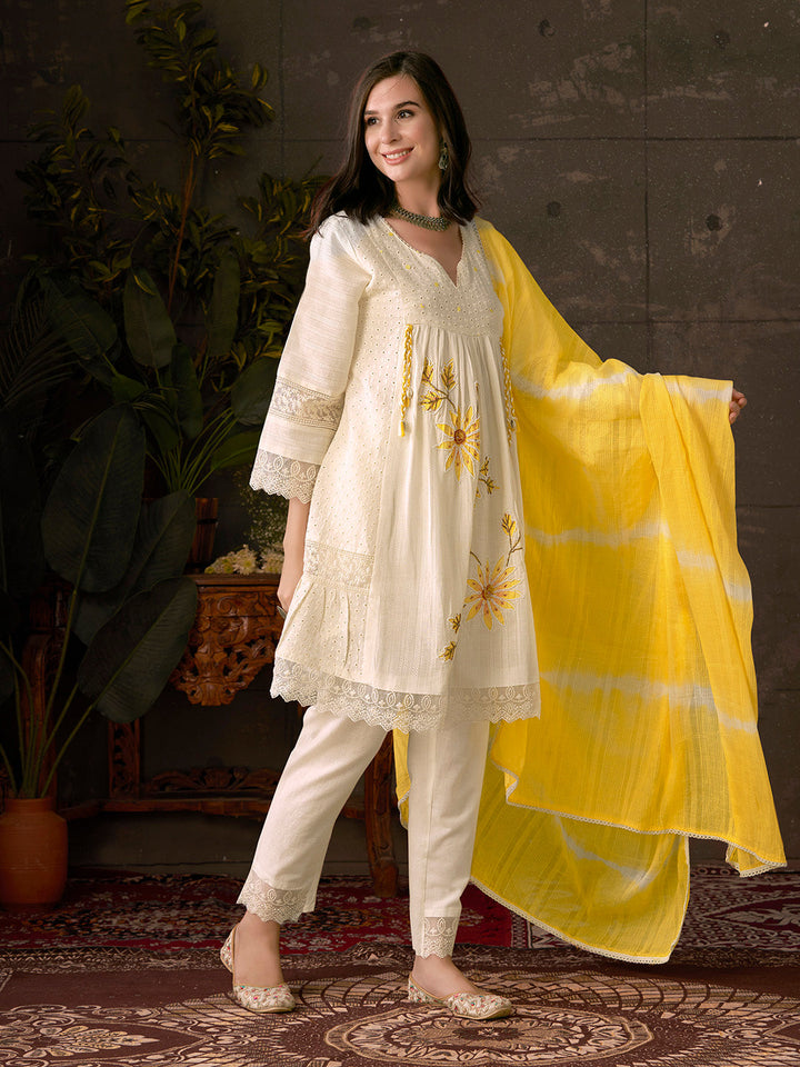 Embroidered Cotton Kurta With Pant &amp; Dupatta