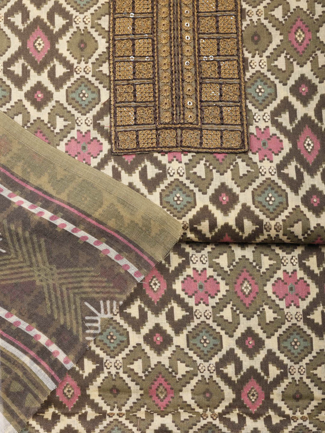 Printed Cotton Blend Unstitched Suit With Pant &amp; Dupatta