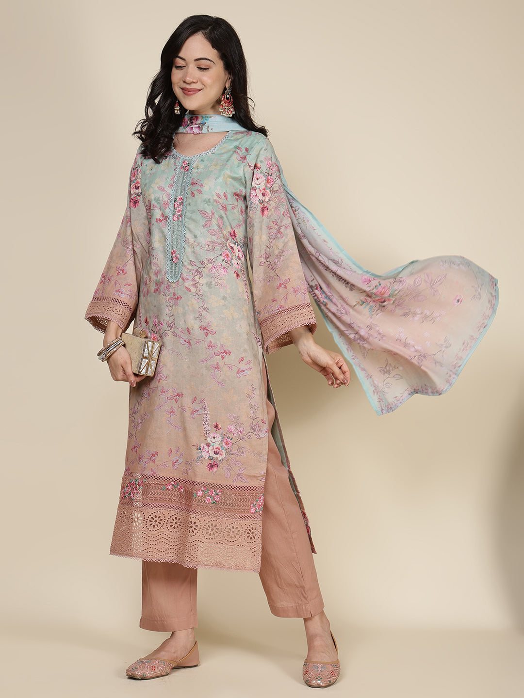 Printed Cotton Blend Kurta With Pants & Dupatta