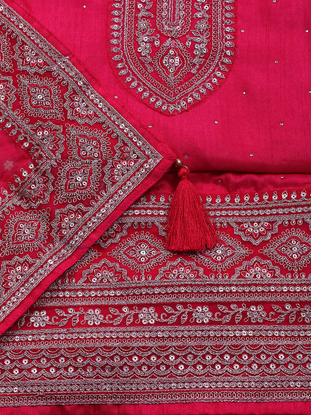 Neck Embroidered Chanderi Unstitched Suit With Dupatta