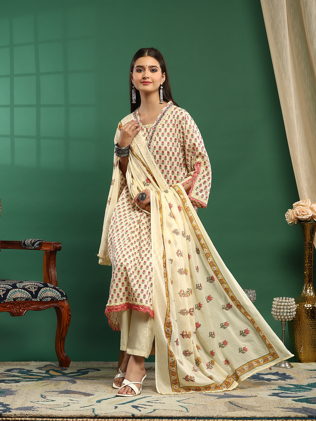 Printed Cotton Blend Kurta With Pant &amp; Dupatta