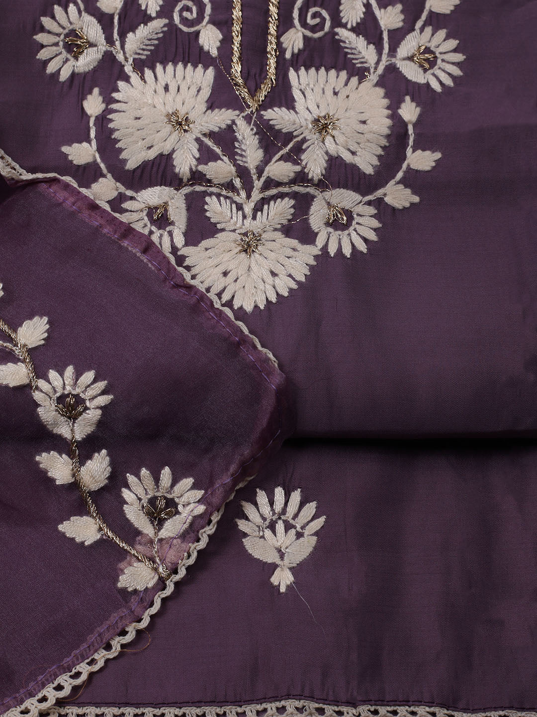 Neck Embroidered Chanderi Unstitched Suit With Dupatta