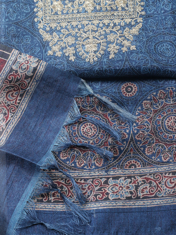 Embroidered Cotton Blend Unstitched Suit With Pant &amp; Dupatta