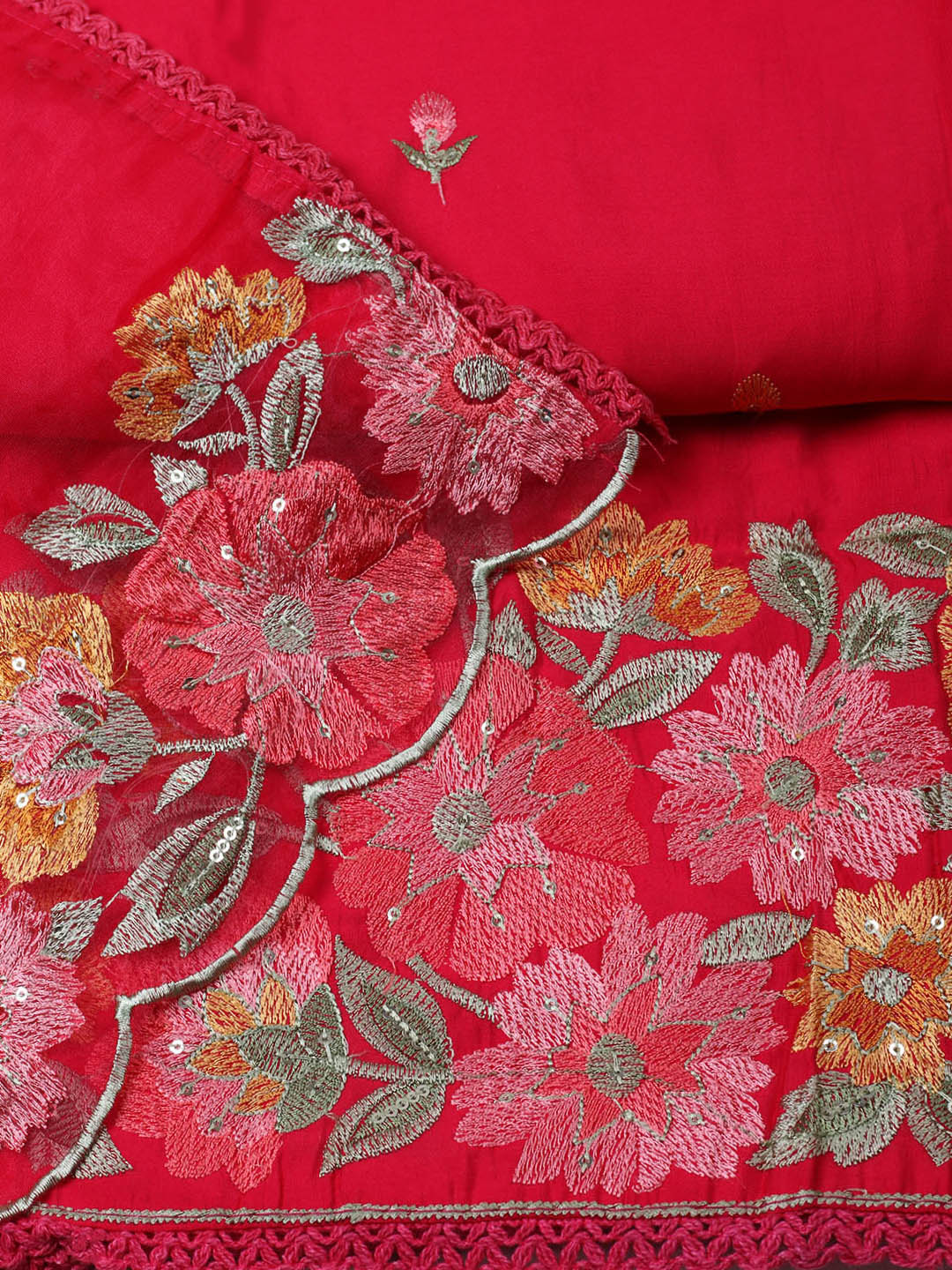 Embroidered Chanderi Unstitched Suit With Pant &amp; Dupatta
