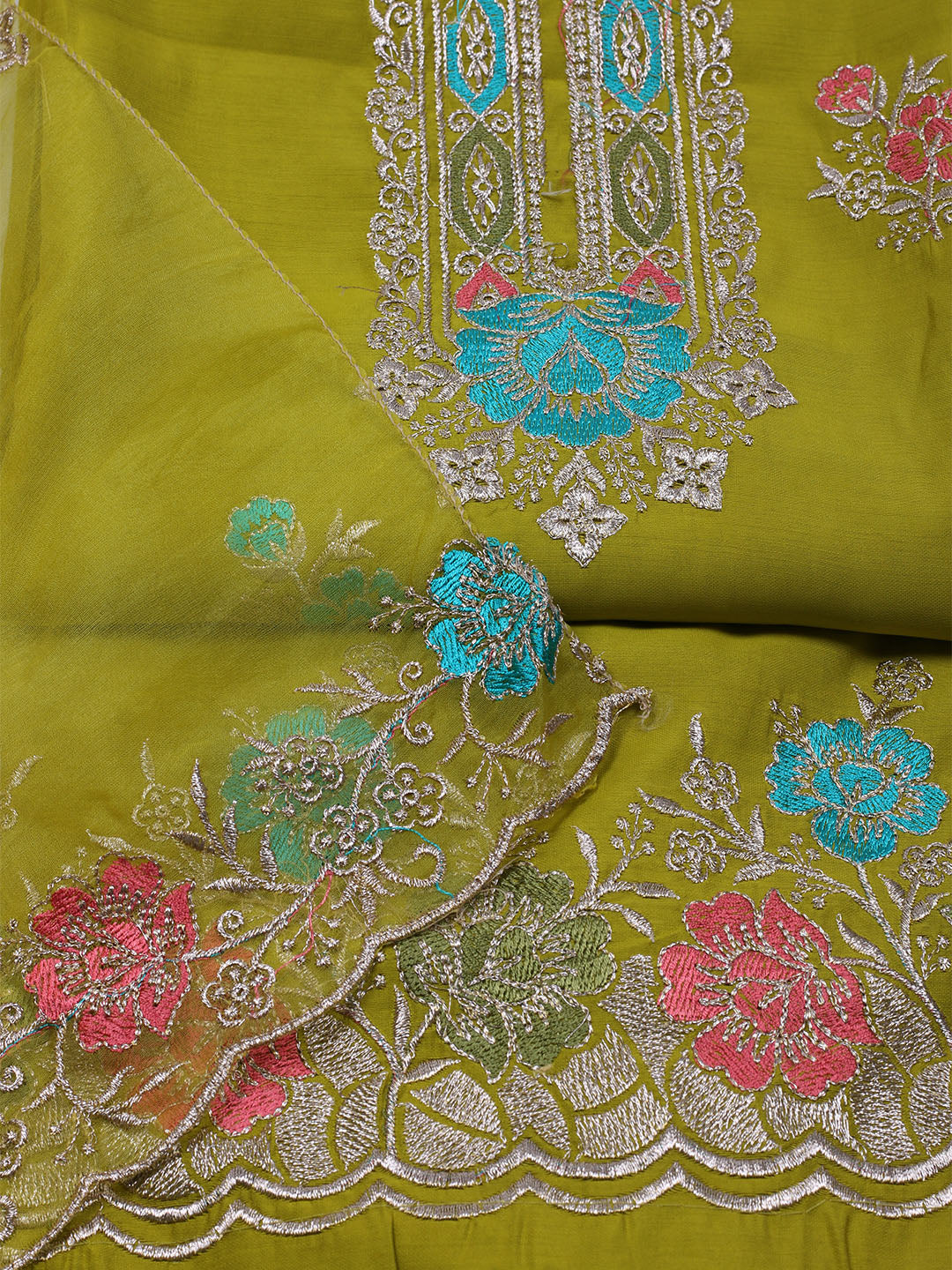 Embroidered Chanderi Unstitched Suit With Dupatta