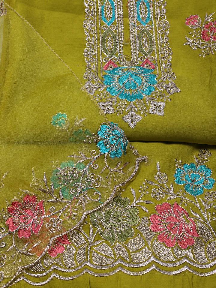 Embroidered Chanderi Unstitched Suit With Dupatta