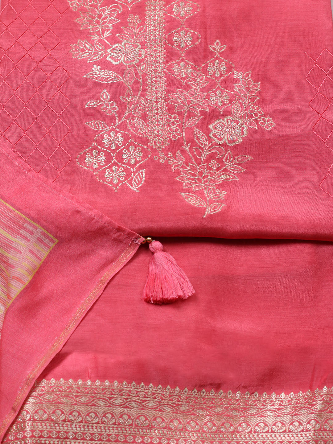 Embroidered Art Silk Unstitched Suit With Pant &amp; Dupatta