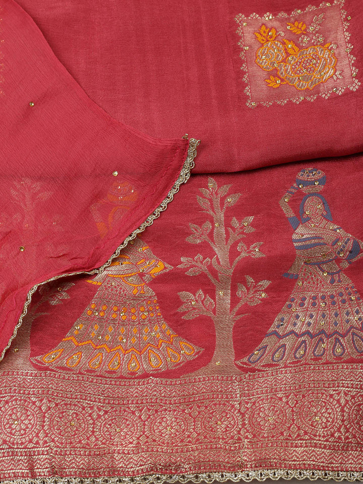 Woven Design Chanderi Unstitched Suit With Pant &amp; Dupatta