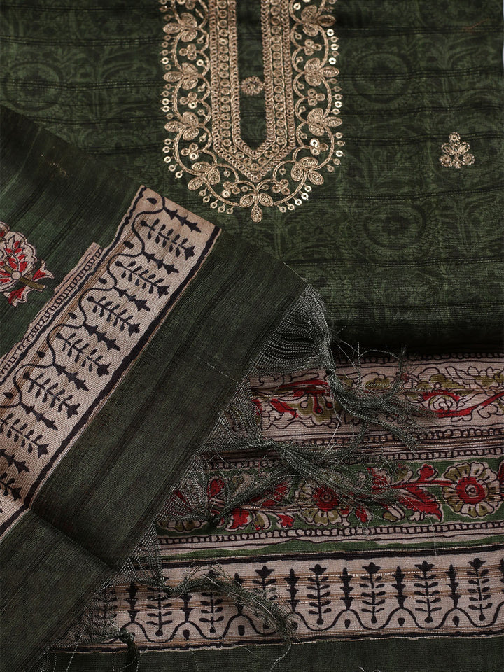 Embroidered Art Silk Unstitched Suit With Dupatta