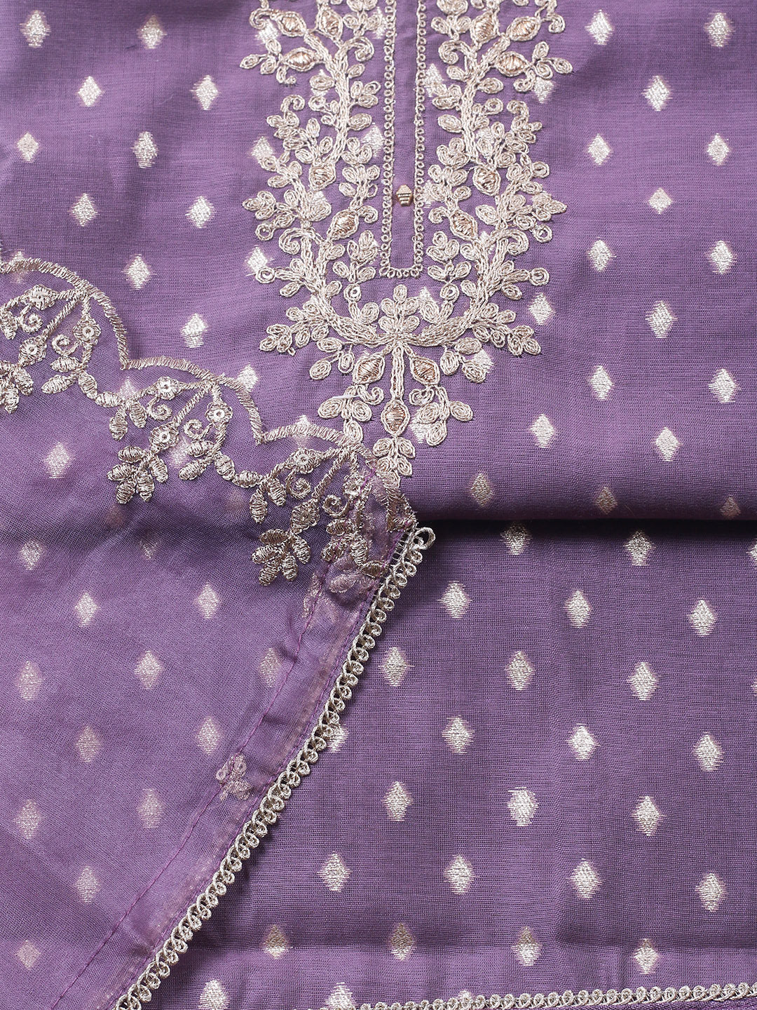 Embroidered Chanderi Unstitched Suit With Pant &amp; Dupatta