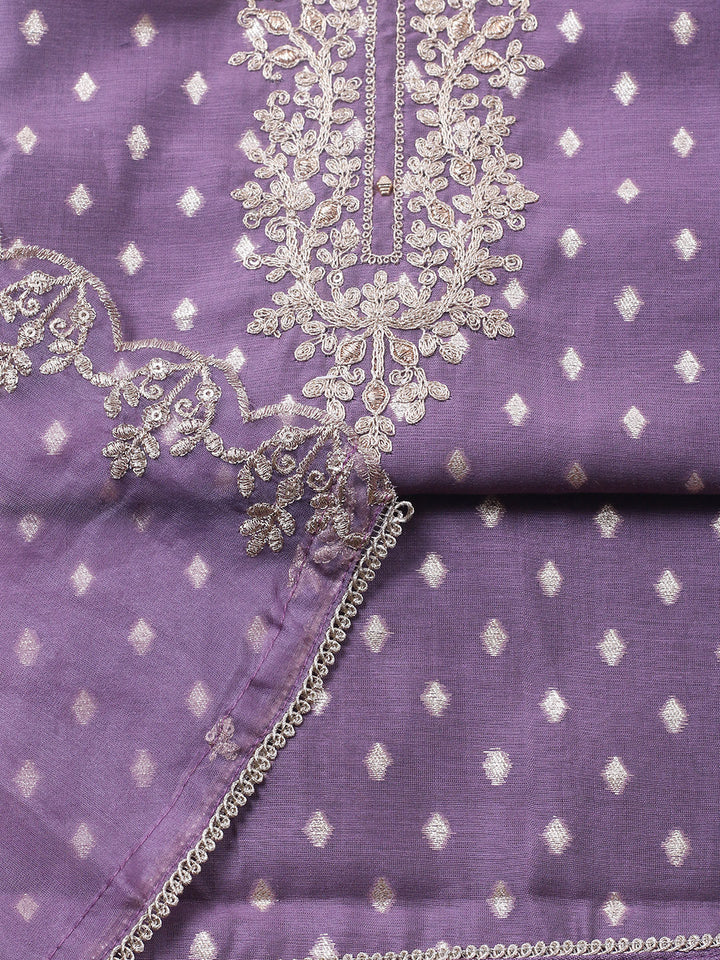 Embroidered Chanderi Unstitched Suit With Pant &amp; Dupatta