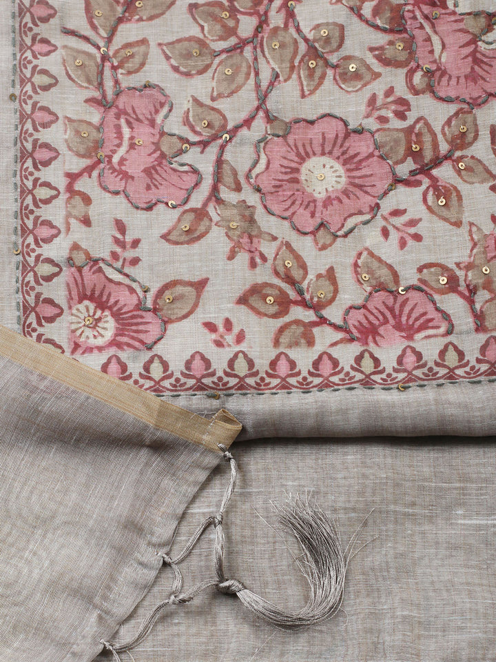 Embroidered Chanderi Unstitched Suit With Pant &amp; Dupatta