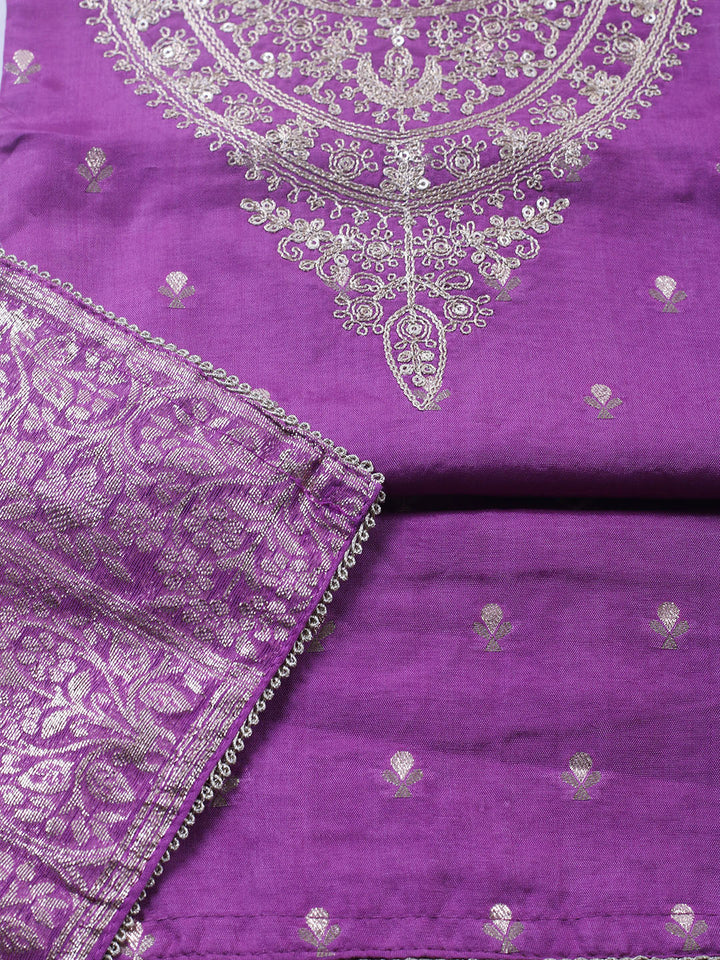 Embroidered Chanderi Unstitched Suit With Pant &amp; Dupatta