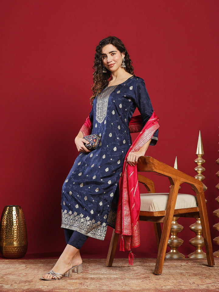 Embroidered Cotton Kurta With Pant &amp; Dupatta