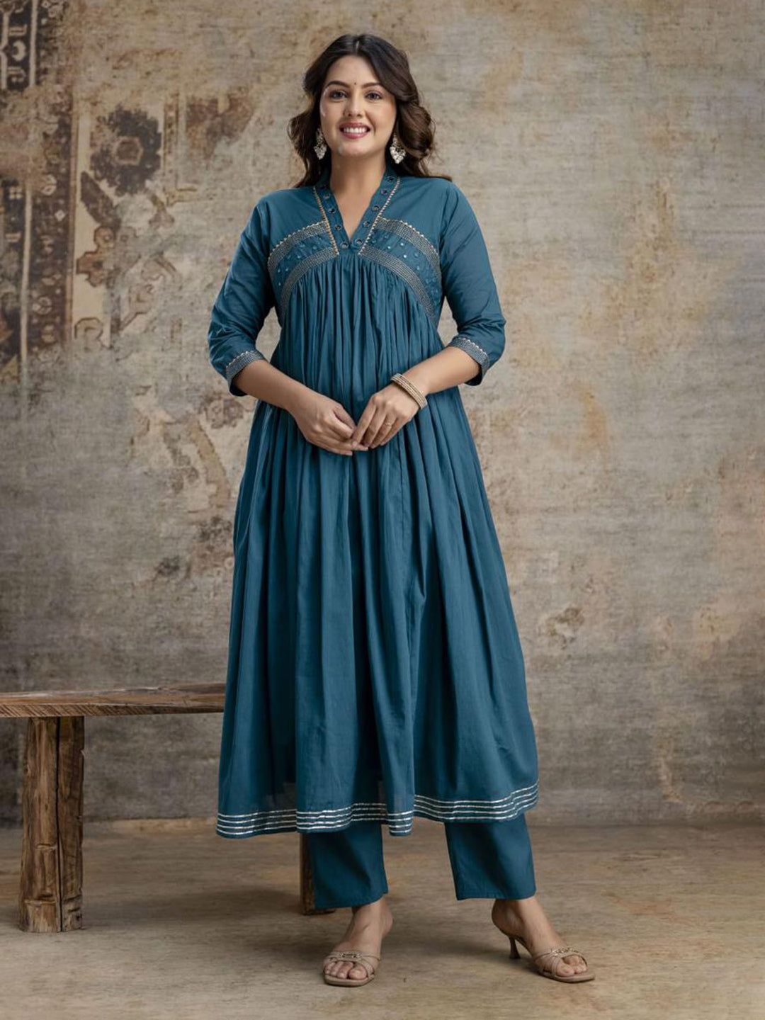 Blue Cotton Blend Embroidered Straight Suit Set