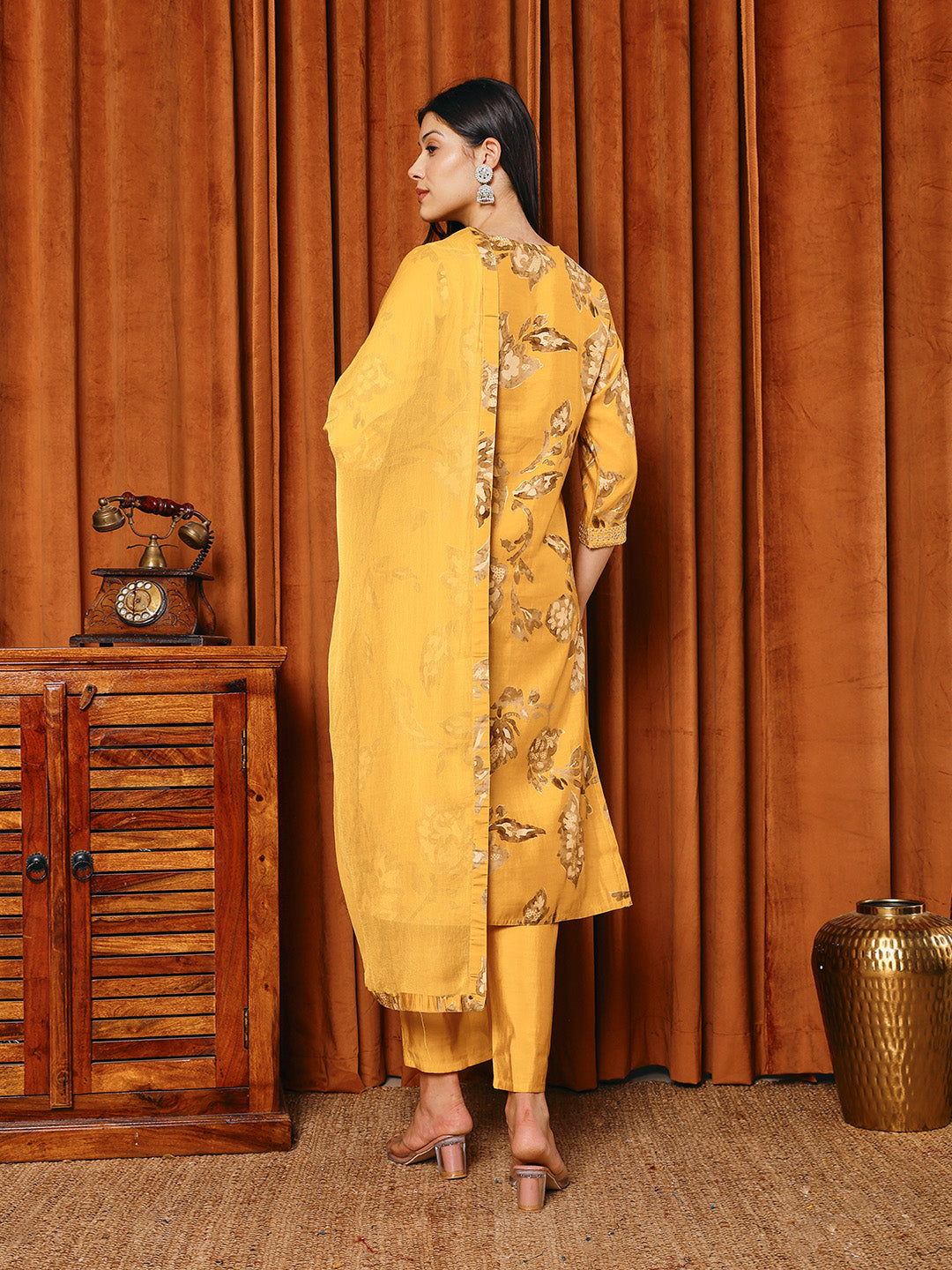 Resham Work Cotton Blend Kurta With Pants & Dupatta