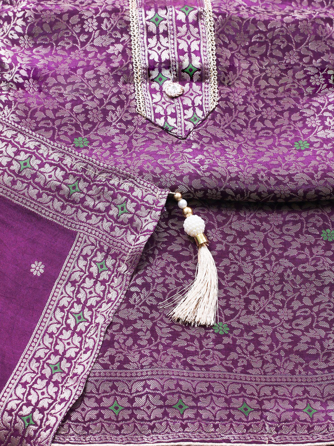 Embroidered Chanderi Unstitched Suit With Pant &amp; Dupatta