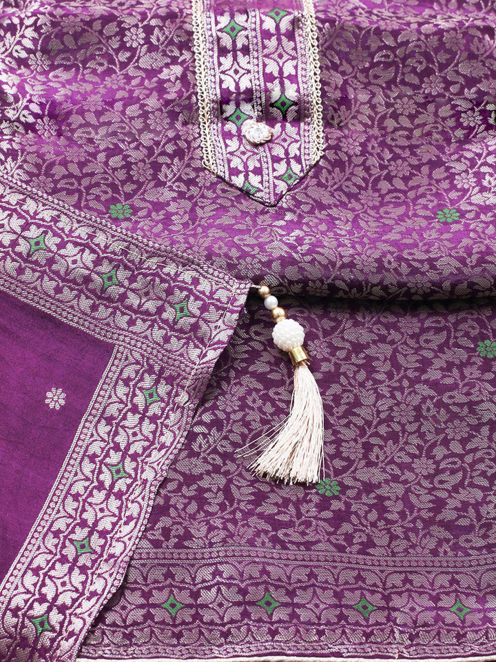 Embroidered Chanderi Unstitched Suit With Pant &amp; Dupatta