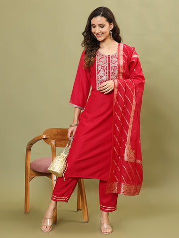 Neck Embroidery Cotton Blend Kurta With Pants & Dupatta