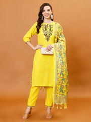 Neck Embroidery Cotton Kurta With Pants & Dupatta