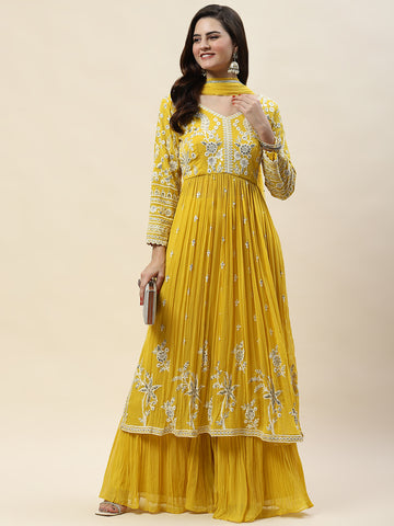 Sequin Embroidery Georgette Kurta With Sharara & Dupatta