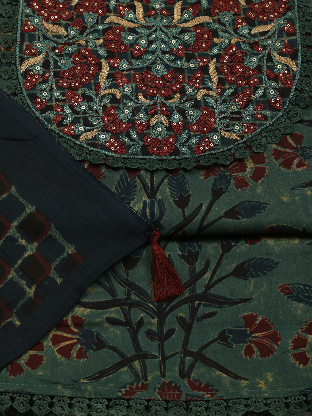 Embroidered Cotton Blend Unstitched Suit With Pant &amp; Dupatta