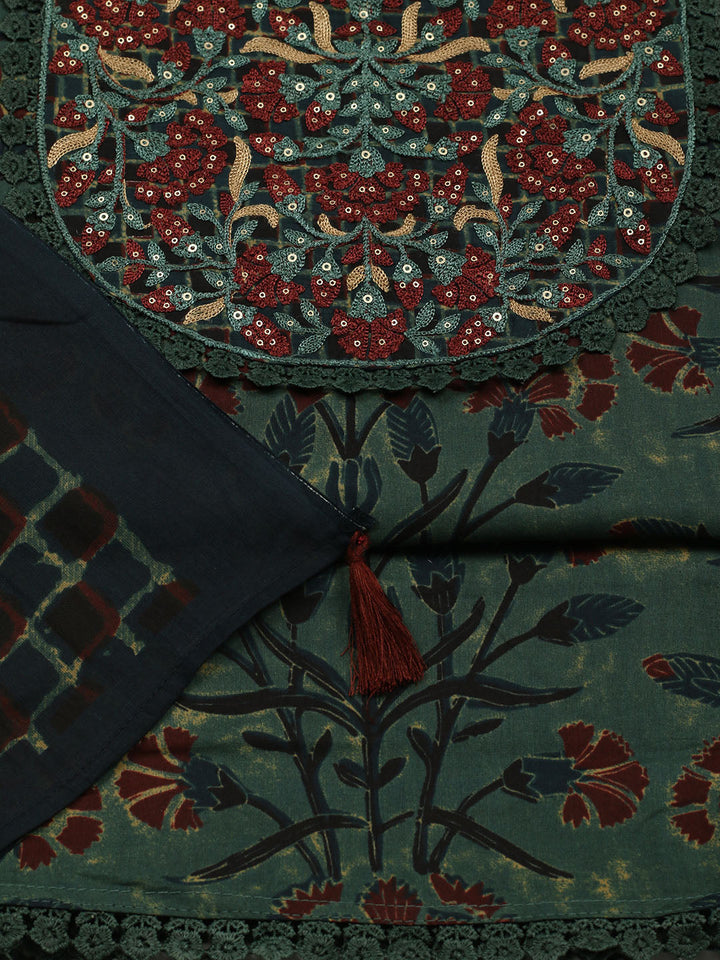 Embroidered Cotton Blend Unstitched Suit With Pant &amp; Dupatta