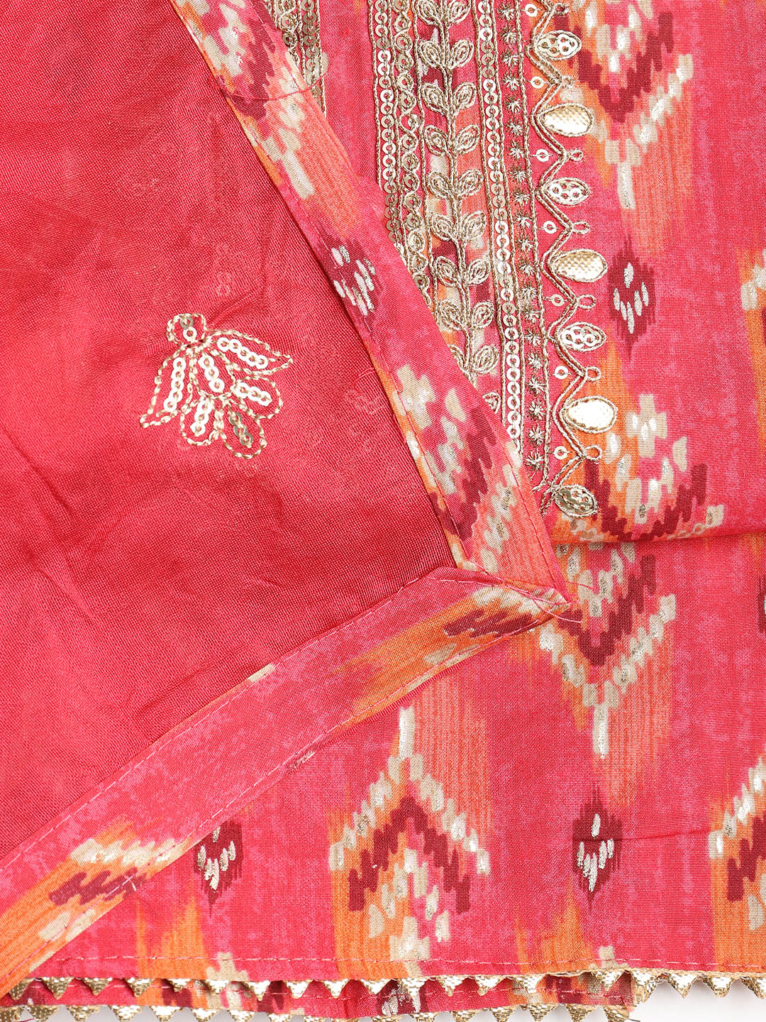 Gota Neck Cotton Blend Unstitched Suit With Dupatta