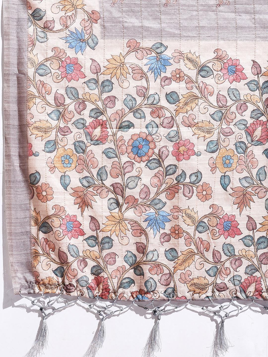 Floral Printed Tussar Silk Saree
