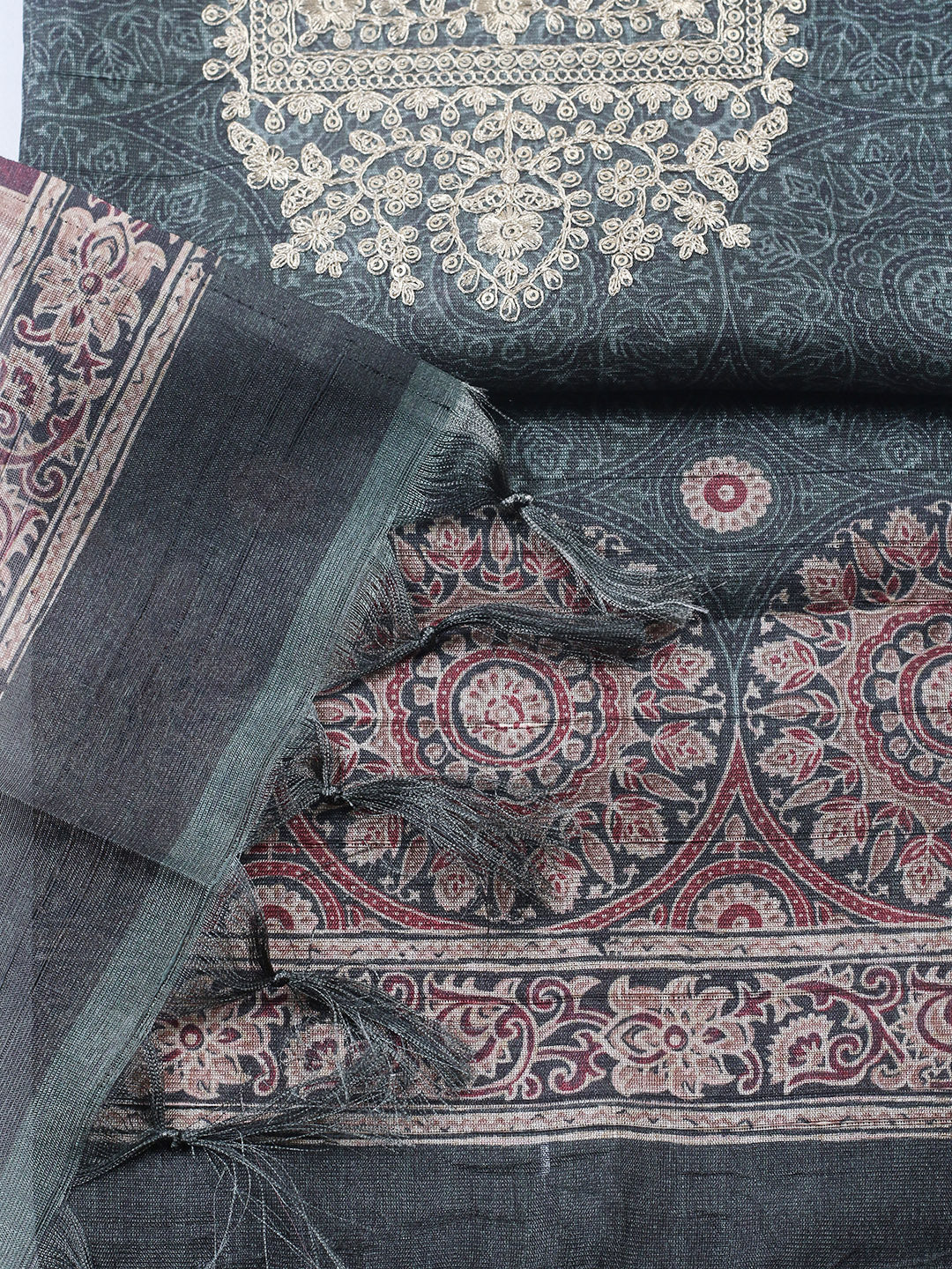 Embroidered Cotton Blend Unstitched Suit With Pant &amp; Dupatta