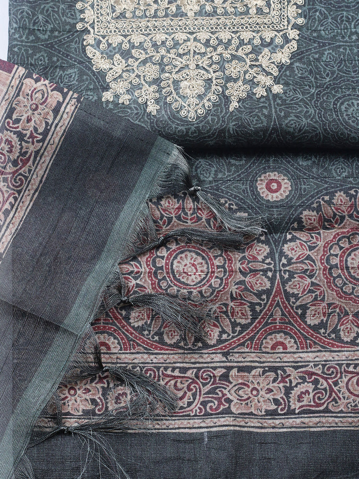 Embroidered Cotton Blend Unstitched Suit With Pant &amp; Dupatta