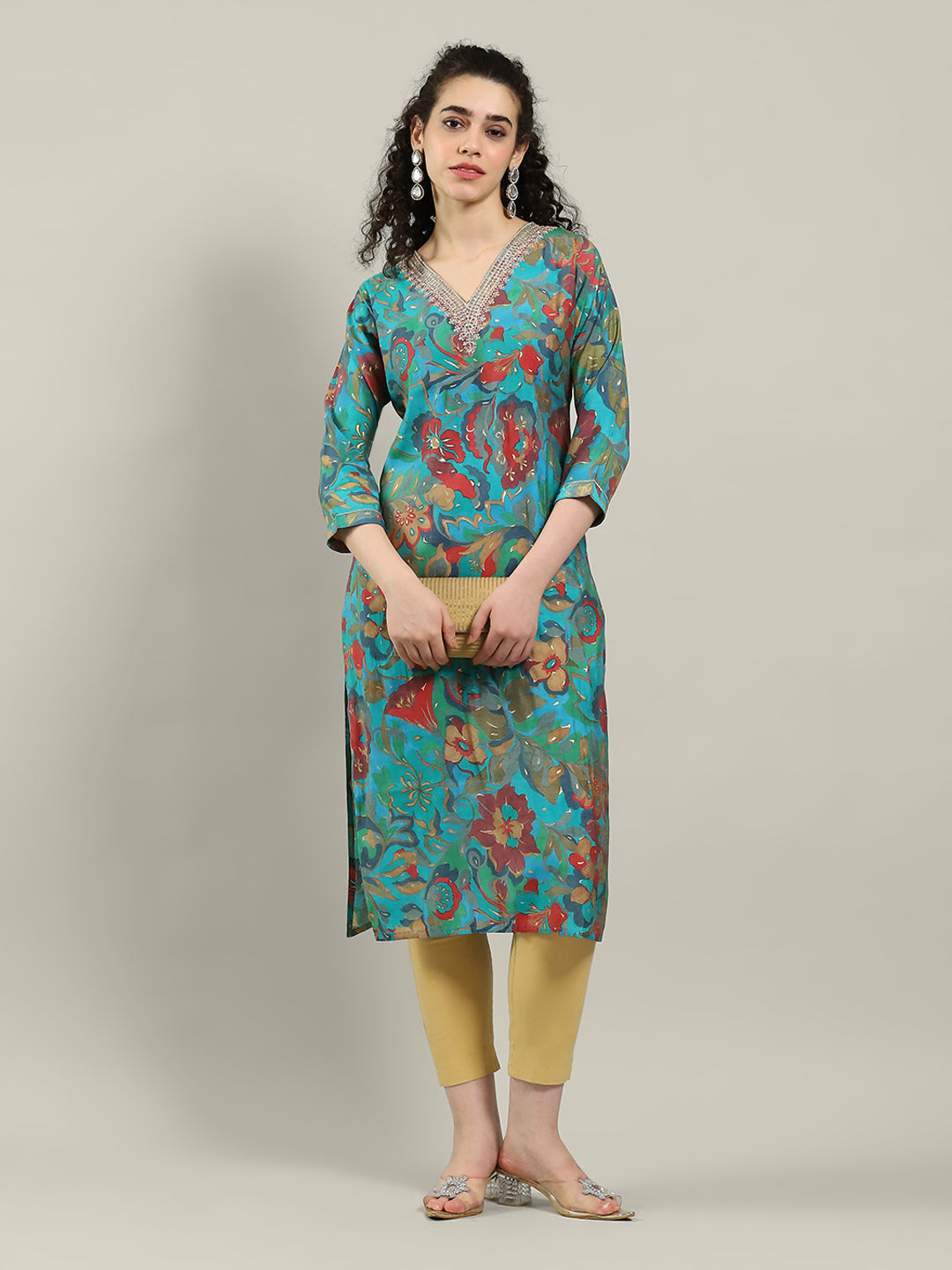 Printed Neck Embroidered Muslin Kurta