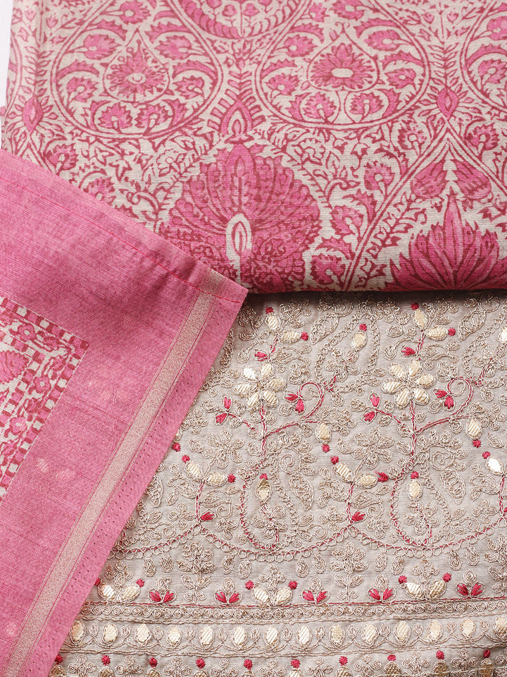 Printed Cotton Blend Unstitched Suit With Pant &amp; Dupatta
