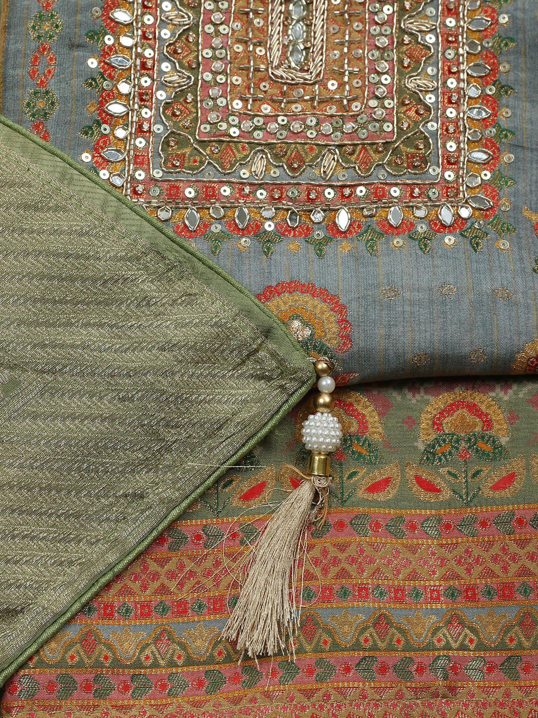 Embroidered Chanderi Unstitched Suit With Pant &amp; Dupatta