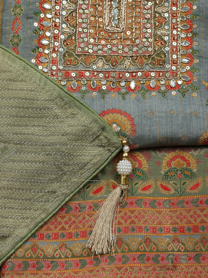 Embroidered Chanderi Unstitched Suit With Pant &amp; Dupatta