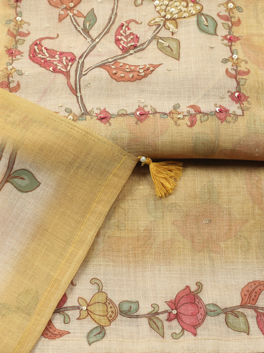 Printed Linen Blend Unstitched Suit With Pant &amp; Dupatta