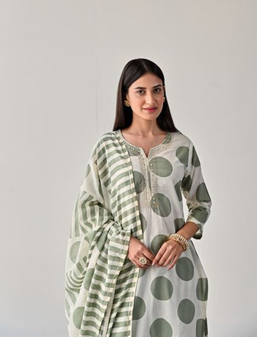 Printed Straight Cotton Kurta With Pants & Dupatta