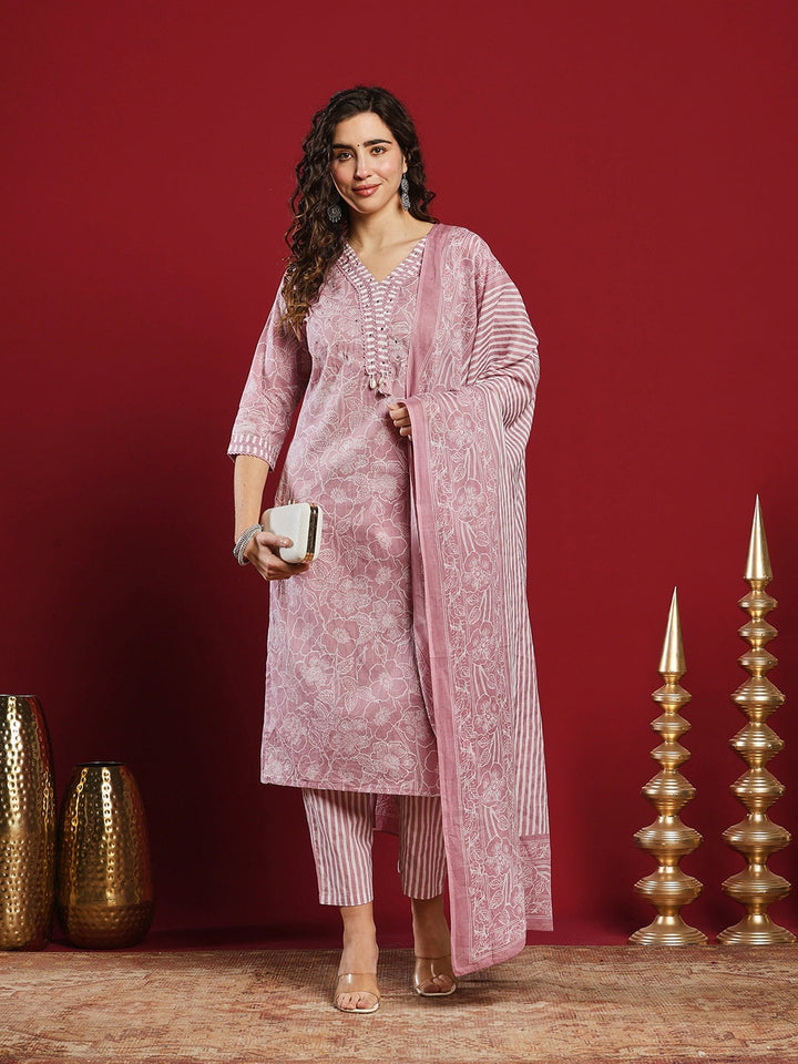 Printed Cotton Kurta With Pant &amp; Dupatta