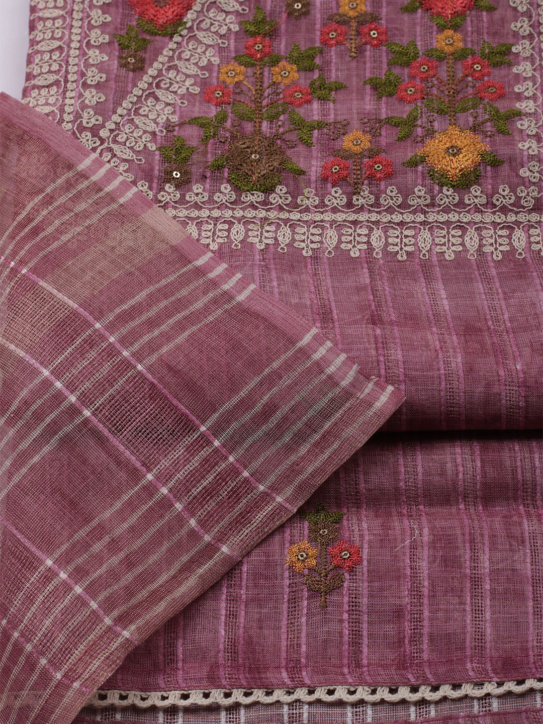 Embroidered Linen Unstitched Kurta With Pant & Dupatta