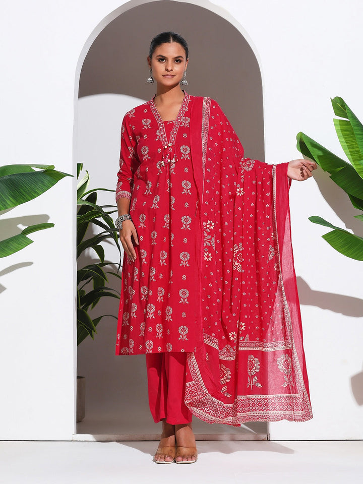 Printed Cotton Blend Kurta With Pant &amp; Dupatta