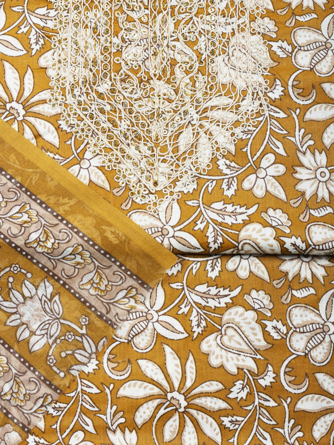 Printed Cotton Blend Unstitched Suit With Pant &amp; Dupatta