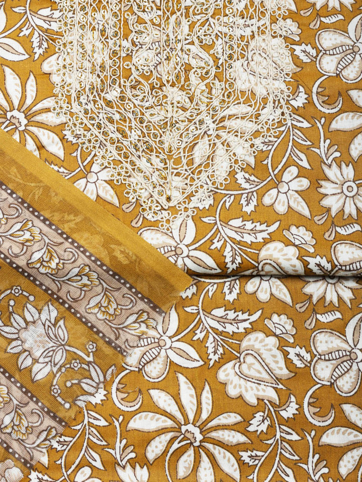 Printed Cotton Blend Unstitched Suit With Pant &amp; Dupatta
