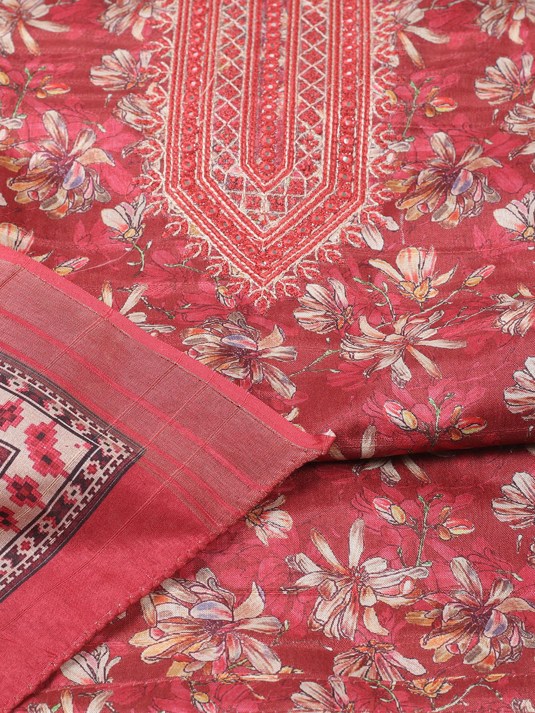 Embroidered Tussar Unstitched Suit With Pant Dupatta