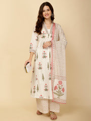 Block Printed Cotton Kurta With Palazzo & Dupatta