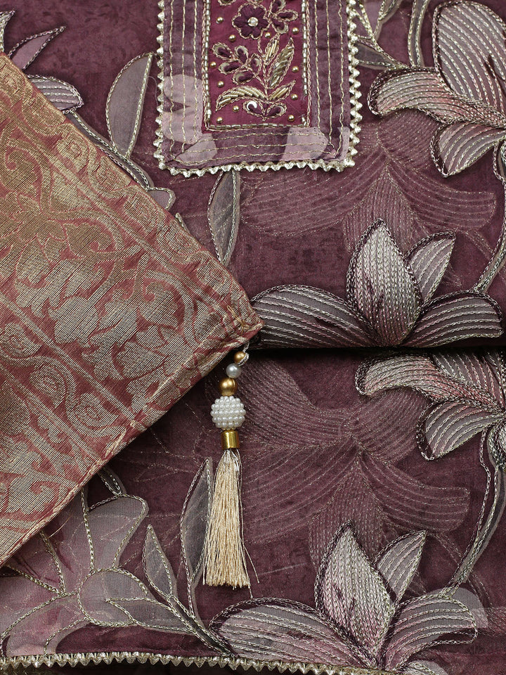 Embroidered Organza Unstitched Suit With Pant &amp; Dupatta