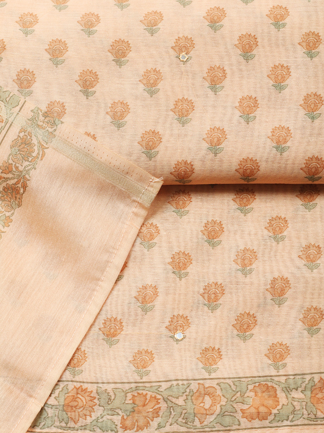 Printed Chanderi Unstitched Suit With Pant &amp; Dupatta