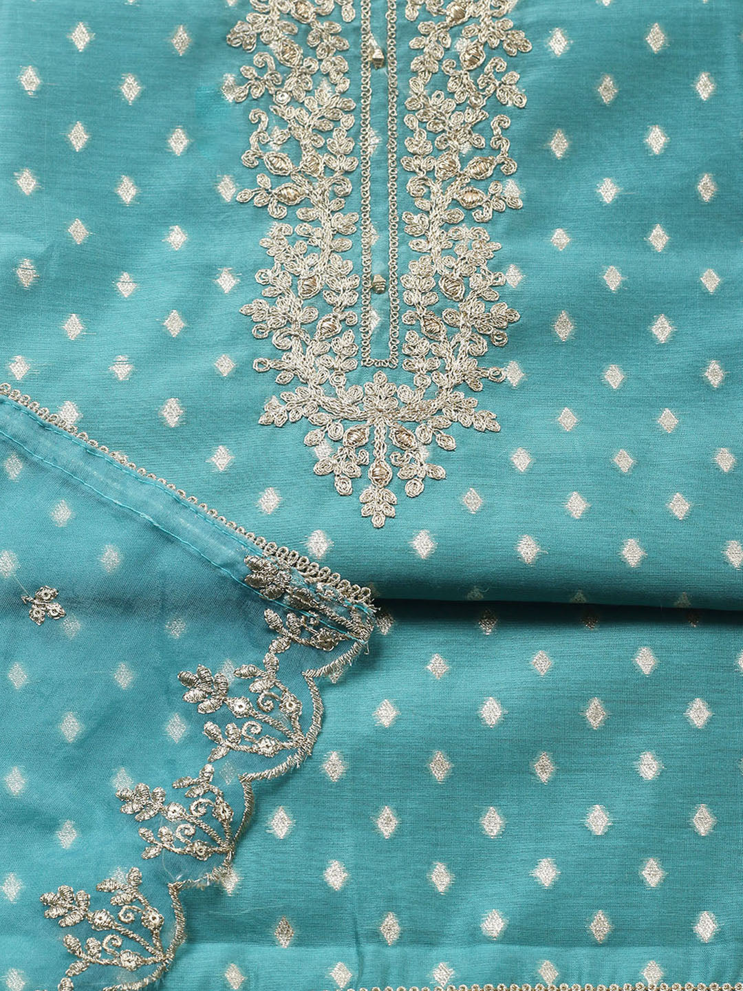 Embroidered Chanderi Unstitched Suit With Pant &amp; Dupatta