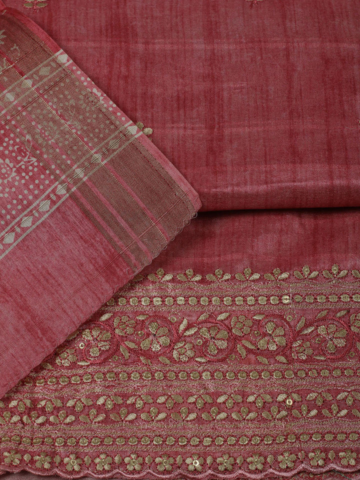 Embroidered Chanderi Unstitched Suit With Pant &amp; Dupatta