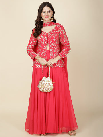 Zari Jaal Embroidered Georgette Jacket Style Top With Sharara & Dupatta