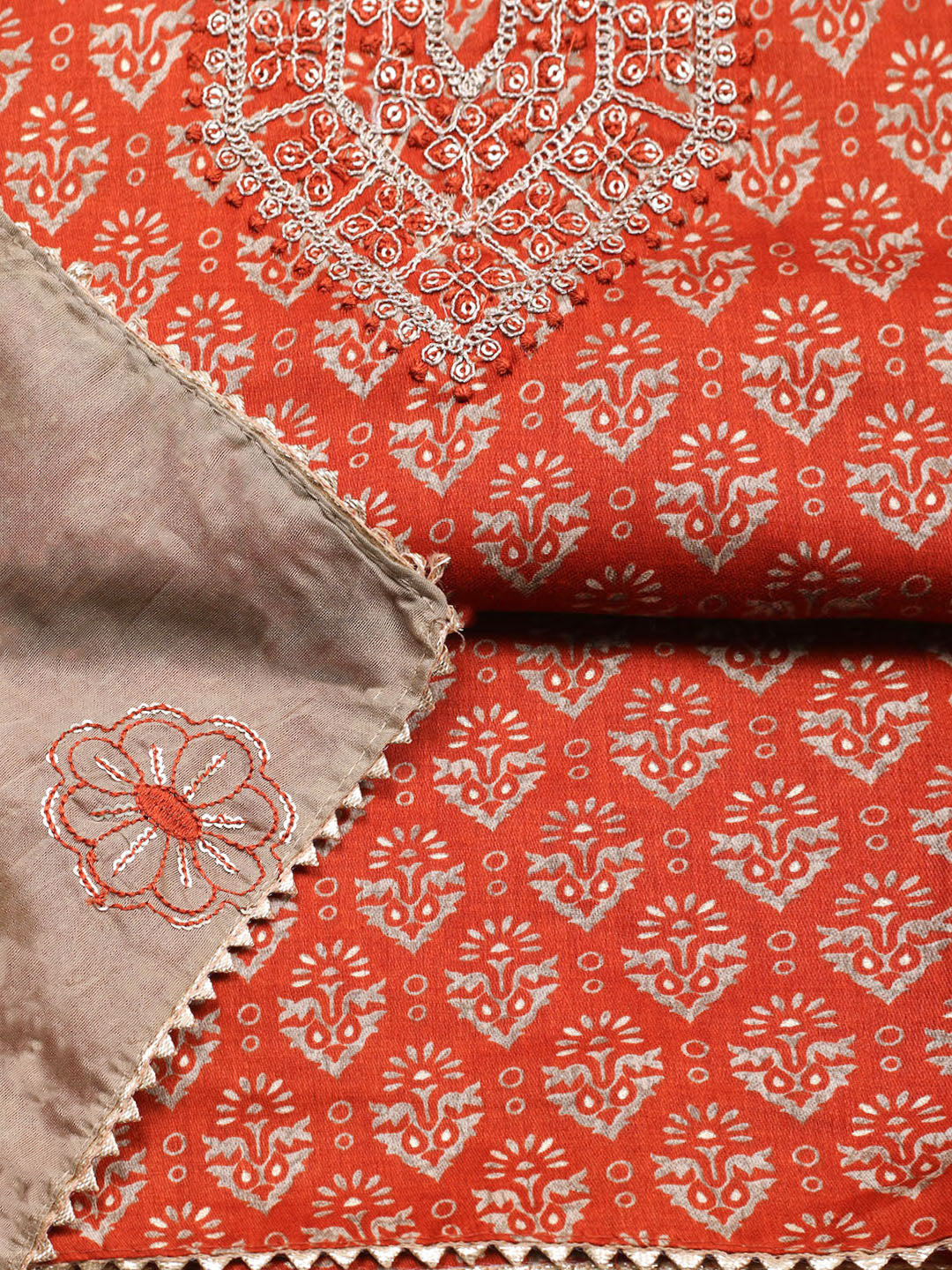 Embroidered Cotton Unstitched Suit With Pant &amp; Dupatta